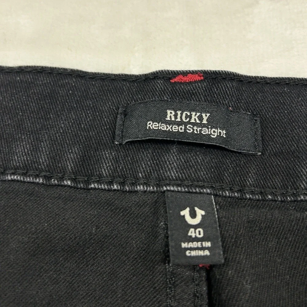 True Religion Ricky Jeans Mens 40 Black Relaxed Straight Red Contrast Stitch